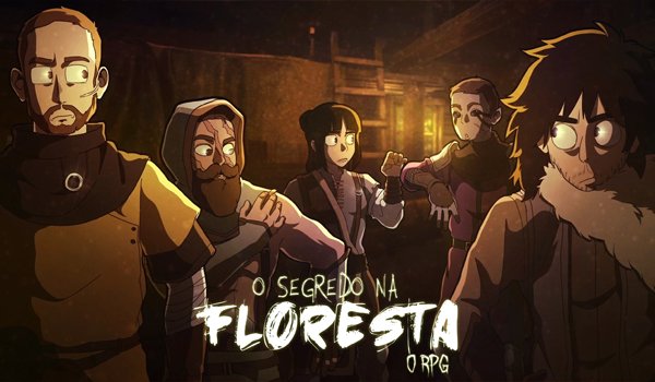 Thumbnail mostrando os investigadores dentro de uma estrutura rústica de madeira, com pouca luz alaranjada. Da esquerda para a direita, Thiago, Arthur, Liz, Cesar (mais ao fundo) e Joui exibem expressões de apreensão, choque e medo enquanto olham para algo fora da tela. Na parte inferior central, o título "O Segredo na Floresta O RPG".