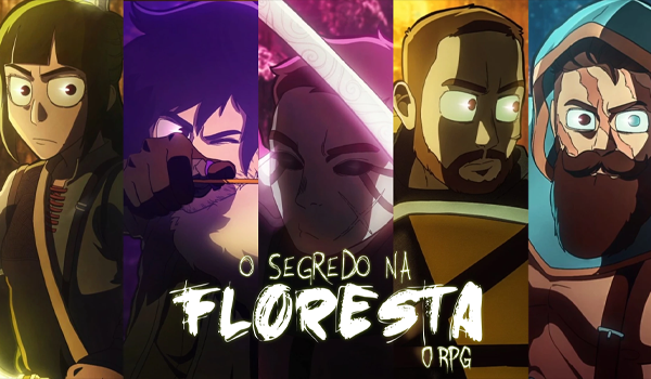 Thumbnail dividida em cinco recortes verticais, cada um focando no rosto de um personagem banhado por uma luz de cor diferente. Da esquerda para a direita: Liz (luz verde), Joui empunhando uma katana (luz roxa), Cesar com olhos brilhantes e marcas no rosto (luz branca/rosada), Thiago assustado (luz amarela) e Arthur tenso (luz azul). Na parte inferior, o título "O Segredo na Floresta O RPG".