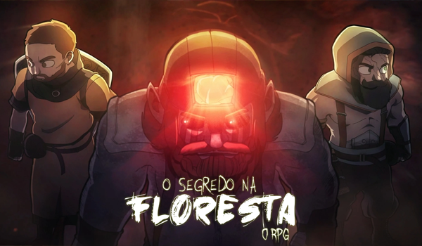 Thumbnail ambientada em uma caverna escura com tons avermelhados. No centro, o minerador aparece gigante e ameaçador, usando uma armadura e um capacete de mineração com uma luz vermelha intensa, além de olhos vermelhos brilhantes. Nas laterais, Thiago e Arthur olham para trás com expressões de susto. Na base, o título "O Segredo na Floresta O RPG".