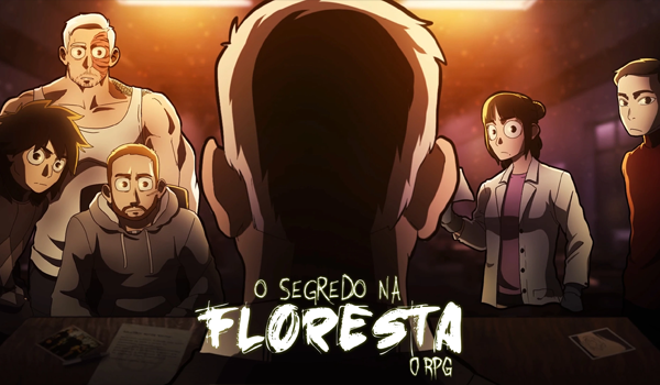 Thumbnail com o ponto de vista posicionado atrás da cabeça de um homem de cabelos brancos. Ele está de frente para uma mesa de escritório onde a equipe (Joui, Christopher, Thiago sentado, Liz e Cesar) olha para ele com expressões de surpresa, atenção e seriedade. O ambiente é iluminado por uma luz quente. Na base, o título "O Segredo na Floresta O RPG".