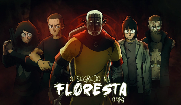 Thumbnail épica e sombria mostrando a equipe caminhando para frente contra um fundo de fumaça vermelha intensa. No centro, Thiago tem os olhos completamente brancos e vazios. Ele é ladeado por Joui, Cesar, Liz e Arthur. Todos parecem exaustos, feridos, armados e com os rostos tensos. Na base, o título "O Segredo na Floresta O RPG".
