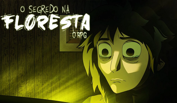 Thumbnail focada em um close do rosto do personagem Cesar, que exibe uma expressão de extremo terror e choque, com olhos arregalados, pupilas dilatadas e olheiras profundas. A iluminação é amarelada e doentia, com uma parede de madeira ao fundo. O título "O Segredo na Floresta O RPG" está no canto superior esquerdo.