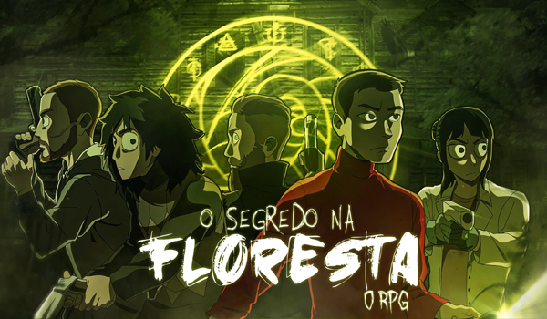 A equipe de investigadores em posição de combate e alerta máximo sob uma luz verde intensa. Thiago e Liz seguram armas de fogo apontadas para as laterais, enquanto Cesar, Christopher e Joui olham tensos ao redor. Ao fundo, brilha um grande símbolo em espiral. O título "O Segredo na Floresta O RPG" está na parte inferior.