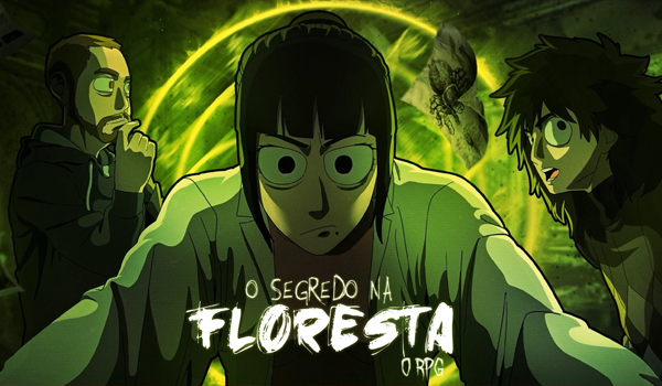Imagem focada na personagem Liz, inclinada para frente com uma expressão de choque e olhos muito arregalados. À esquerda, Thiago observa com a mão no queixo; à direita, Cesar parece assustado. Atrás deles, um pedaço de tecido manchado flutua iluminado por uma forte luz verde. Na base, o título "O Segredo na Floresta O RPG".