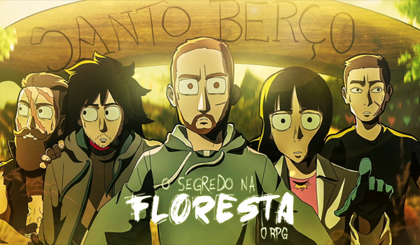 Thumbnail mostrando os cinco investigadores de frente, todos com expressões de absoluto choque, incredulidade e pavor. Eles estão parados sob um grande arco de madeira rústica onde está entalhado o nome "SANTO BERÇO". O clima é claro e amarelado. Na parte inferior, o título "O Segredo na Floresta O RPG".