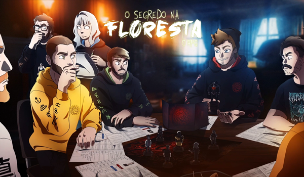 Ilustração retratando os jogadores da vida real e o Mestre de RPG sentados ao redor de uma mesa de jogo de madeira. A mesa está cheia de fichas de personagens, dados e miniaturas. O Mestre (Cellbit) sorri de forma enigmática atrás do escudo do mestre, enquanto os jogadores (Luba, Gabi, Rakin,Calango e Guaxinim) reagem com choque e tensão à história. No topo, o título "O Segredo na Floresta O RPG".