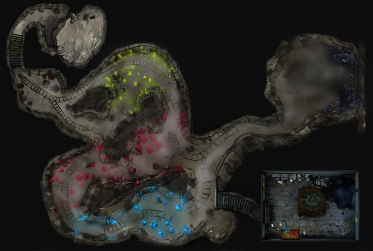 Planta baixa de uma grande caverna irregular e escura. O mapa mostra trilhos de mineração serpenteando por diferentes áreas iluminadas por agrupamentos de cristais brilhantes nas cores verde, rosa/vermelho e azul.