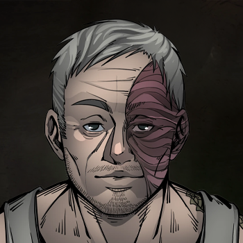 Ilustração do personagem Christopher Cohen com cabelos grisalhos e uma grande cicatriz de queimadura no lado esquerdo do rosto, do RPG Ordem Paranormal.