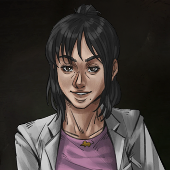 Ilustração da personagem Elizabeth Webber sorrindo levemente, vestindo um jaleco branco de cientista forense do RPG Ordem Paranormal.