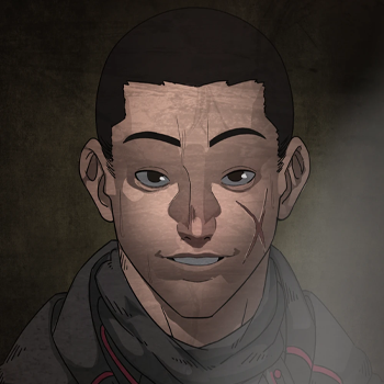 Ilustração do personagem Joui Jouki com uma cicatriz marcante em forma de X no rosto, combatente da Equipe E em Ordem Paranormal.