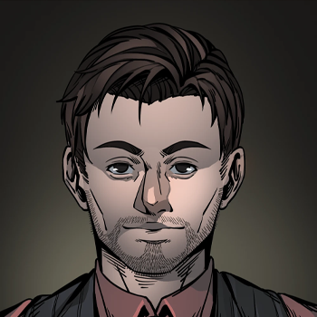 Retrato do rosto do personagem Thiago Fritz, o jornalista investigativo de cabelos curtos castanhos e barba rala, da campanha de RPG Ordem Paranormal.