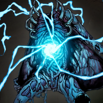 Ilustração do monstro Aberrado Elétrico, uma criatura disforme disparando fortes raios azuis de energia do peito na campanha O Segredo na Floresta.