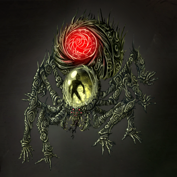 Ilustração da criatura Aracnasita, um monstro em forma de aranha gigante feita de raízes com um símbolo vermelho brilhante nas costas em Ordem Paranormal.