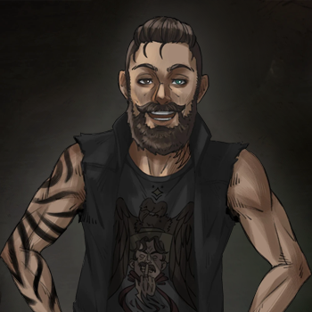 Ilustração do personagem Arthur Cervero sorrindo, com tatuagens no braço e colete preto, membro da Equipe E em Ordem Paranormal.