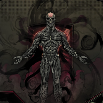 Ilustração da criatura Carniçal Preto da Morte, um monstro esquelético sombrio e musculoso envolto em fumaça negra do RPG Ordem Paranormal.