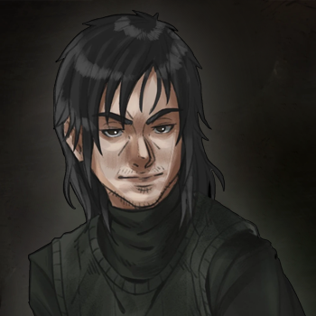 Retrato da face do personagem Cesar Cohen, com cabelos pretos na altura dos ombros e blusa preta de gola alta da campanha O Segredo na Floresta.