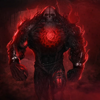 Ilustração da entidade O Deus da Morte, uma criatura colossal e assustadora com um símbolo de espiral vermelha brilhante no peito em Ordem Paranormal.