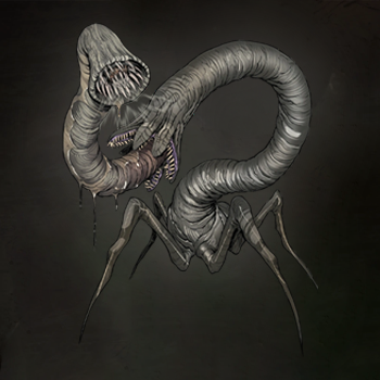Ilustração da criatura Succ, um monstro cinza com boca em formato de sanguessuga cheia de dentes e pernas finas como as de uma aranha em O Segredo na Floresta.