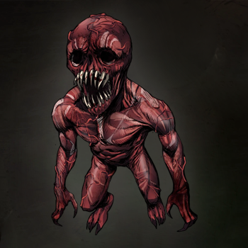 Ilustração da criatura Zumbi de Sangue, um monstro grotesco feito de carne viva exposta e uma boca enorme com dentes afiados, em O Segredo na Floresta.