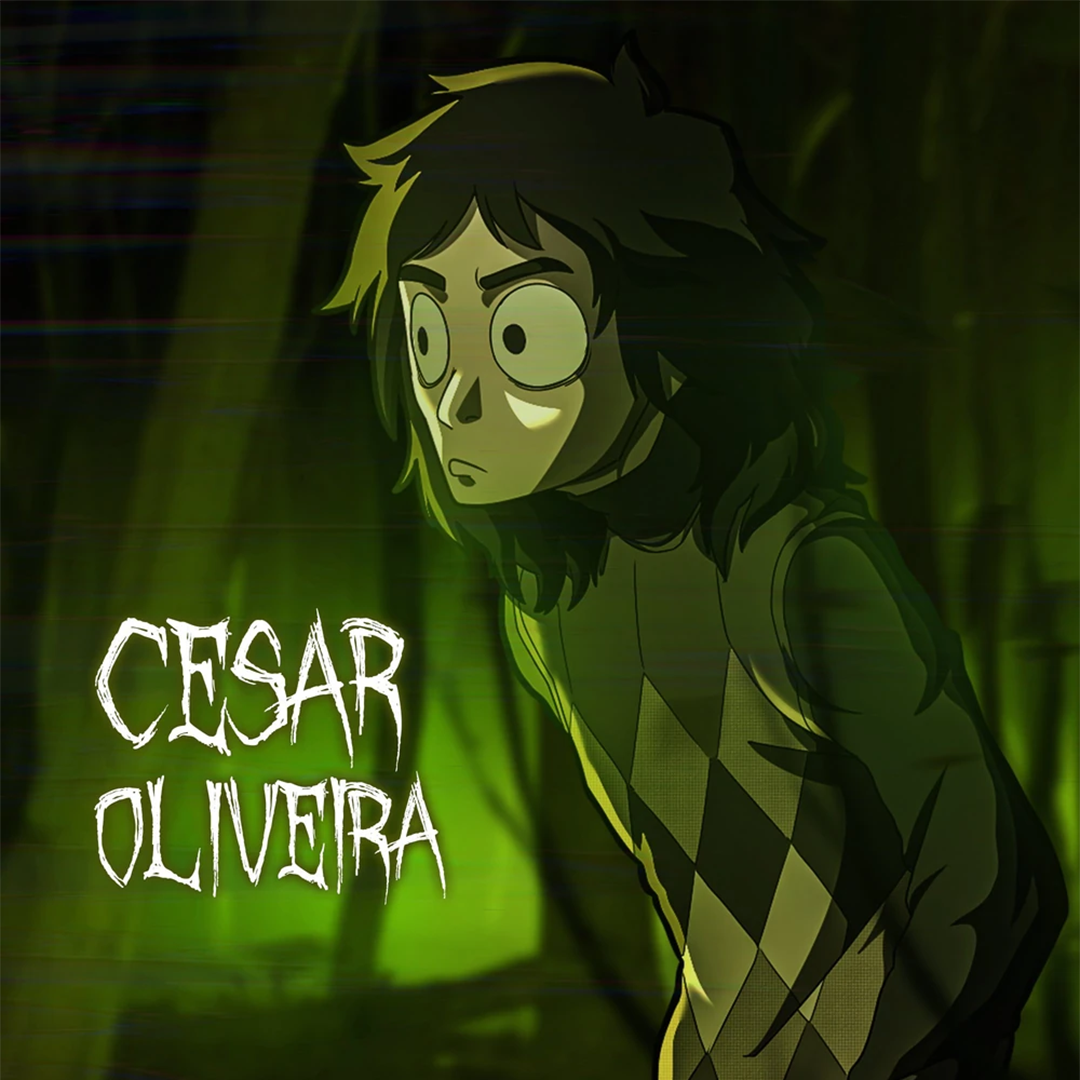 Ilustração do personagem Cesar Oliveira com expressão atenta e assustada, cercado pela neblina verde da floresta.