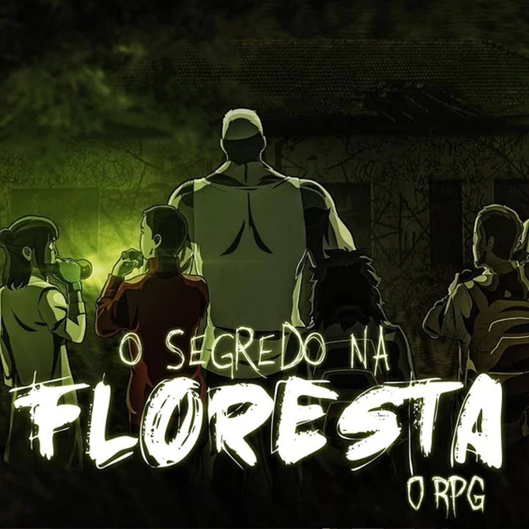 Ilustração dos cinco personagens da Equipe E de costas, observando uma casa abandonada e sombria na floresta.